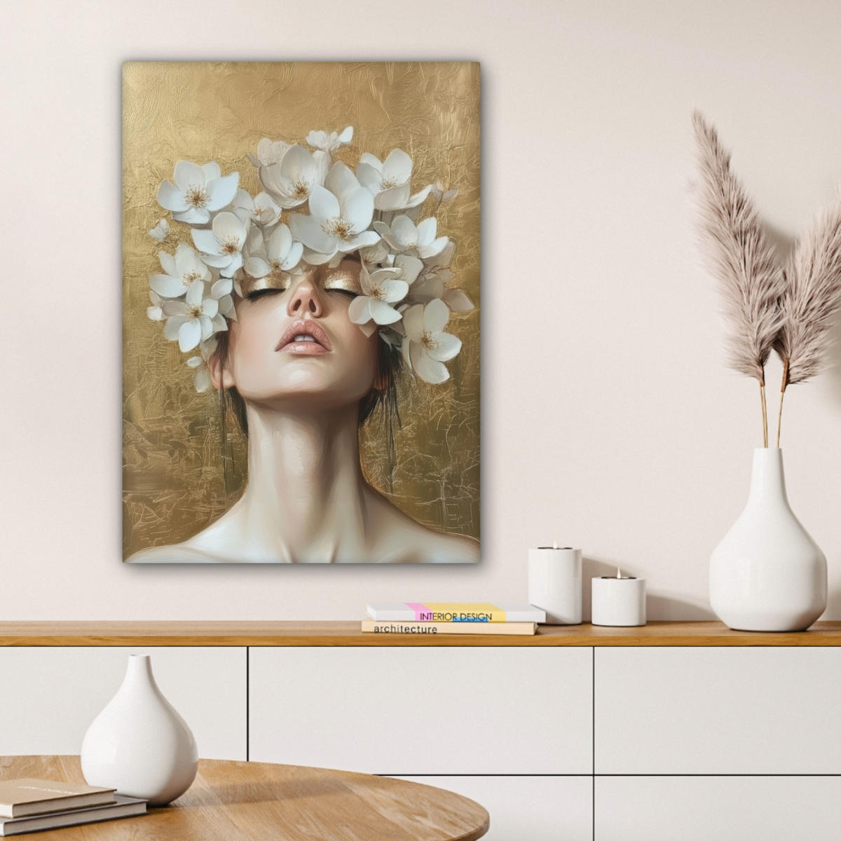 LEINWANDBILD Gesicht - Blumen - Gold - Abstrakt Wandbild Wohnzimmer 60x80 cm - Goldfarben, Textil (60/80cm) - MuchoWow