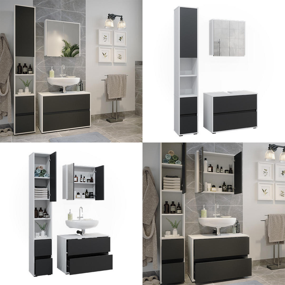 BADMÖBEL-SET Maltin Weiß/Anthrazit 3 Teile, mit Hochschrank - Anthrazit/Weiß, Holzwerkstoff (80/58/40cm) - Vicco