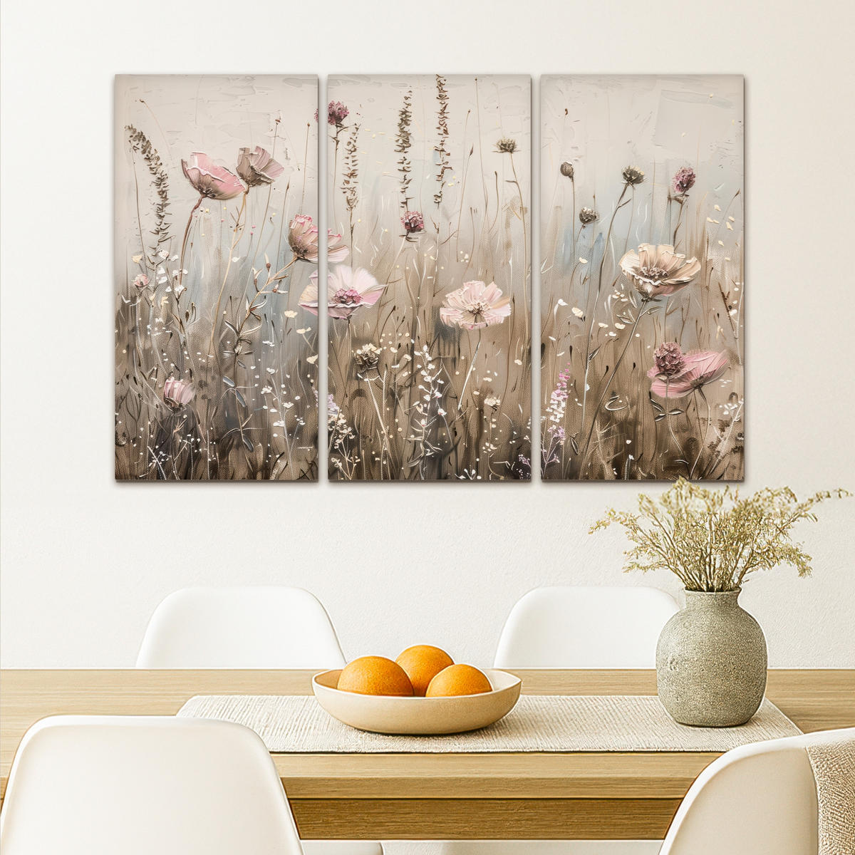 LEINWANDBILD 3er Set Blumen - Beige - Modern - Rosa 90x60 cm - Ecru, Textil (90/60cm) - MuchoWow