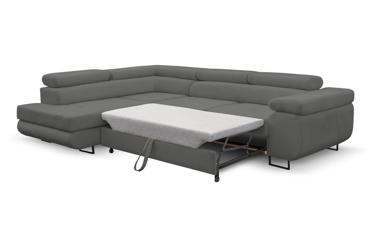 ECKSOFA Jerry in L-Form mit Schlaffunktion und Bettkasten, Farbe: Grau, Veloursstoff, Ottomane Links - Grau, Textil (202/275cm) - VENASI MÖBEL