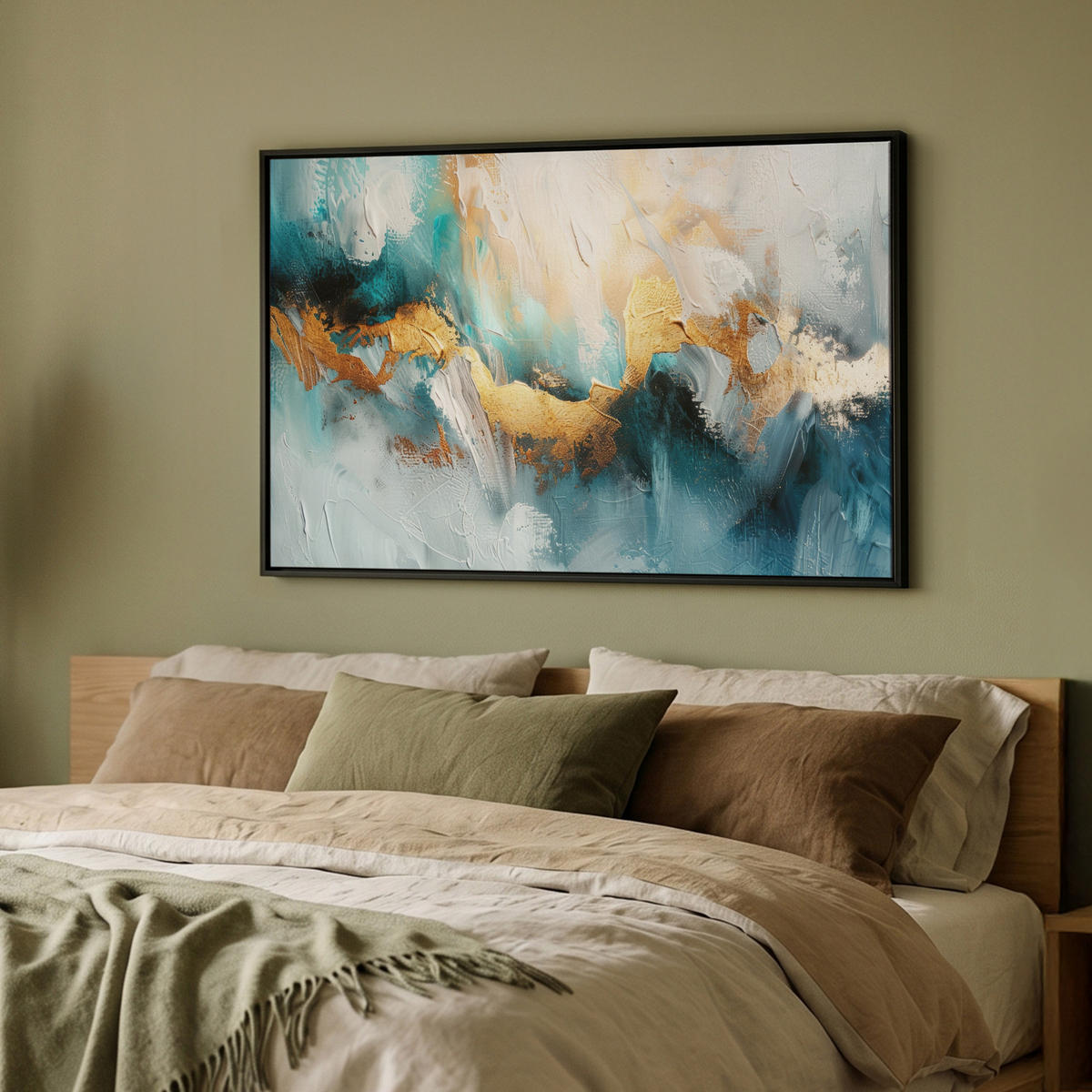 LEINWAND Bilder mit Rahmen - Abstrakt - Kunst - Gold - Blau - 90x60 - Petrol, Textil (90/60cm) - MuchoWow