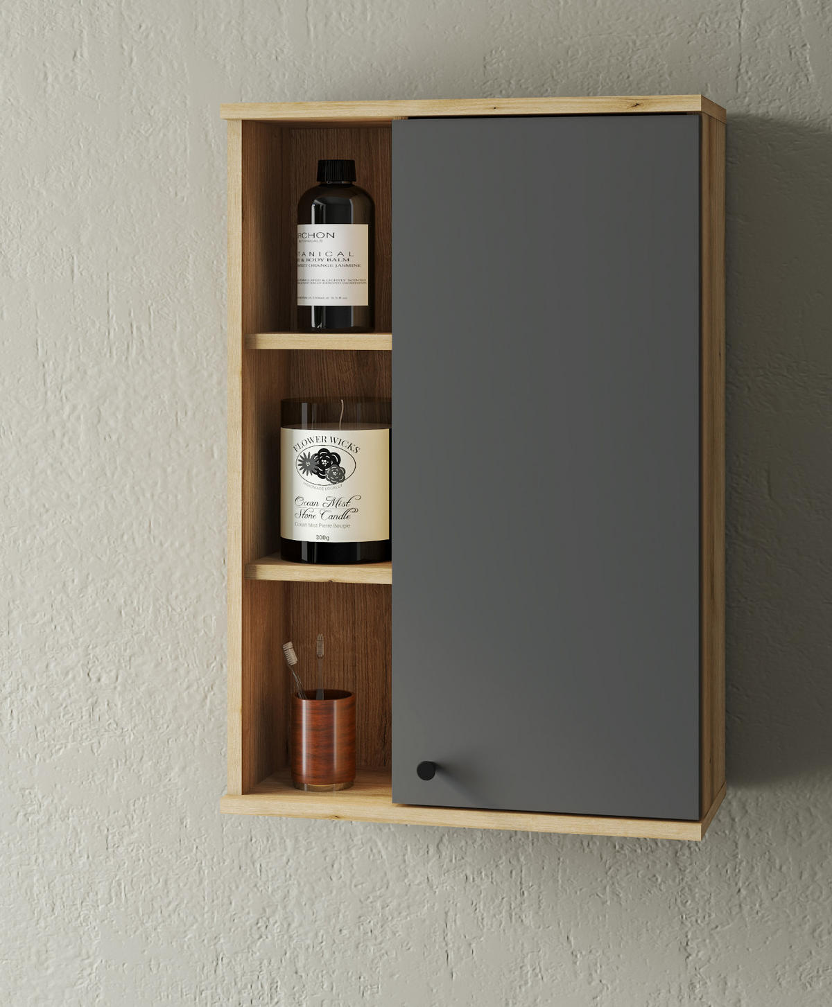 BAD-HÄNGESCHRANK grau, Evoke Eiche, Badschrank hängend, 51 x 75 cm - Eichefarben/Schwarz, Holzwerkstoff/Kunststoff (51/75/21cm) - Furn.Design
