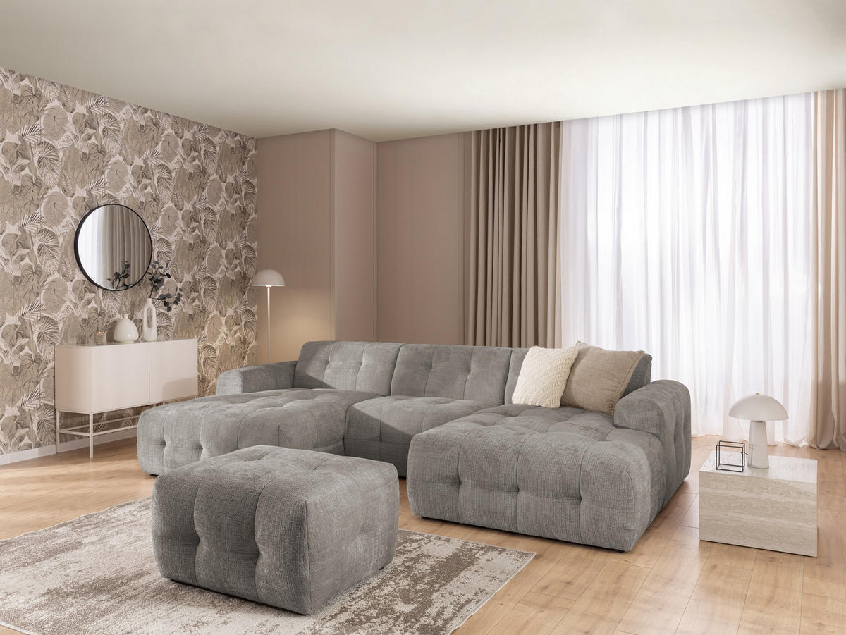 WOHNLANDSCHAFT inkl. Hocker Kozy im Bumpy-Design mit Schlaffunktion und fester Rückenlehne aus weichem Taupe Chenille-Stoff - Taupe/Schwarz, Holz/Kunststoff (323/79/161cm) - S-Style Möbel