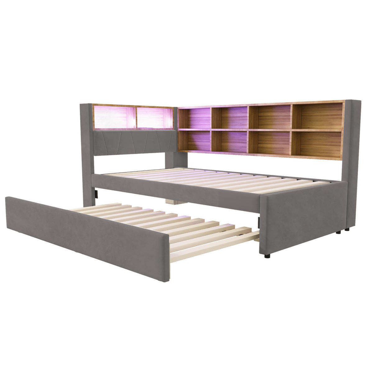 BETT 90/200 cm mit Ausziehbett, LED und Stauraum in Dunkelgrau - Dunkelgrau, Textil (90/190cm) - BEAOK