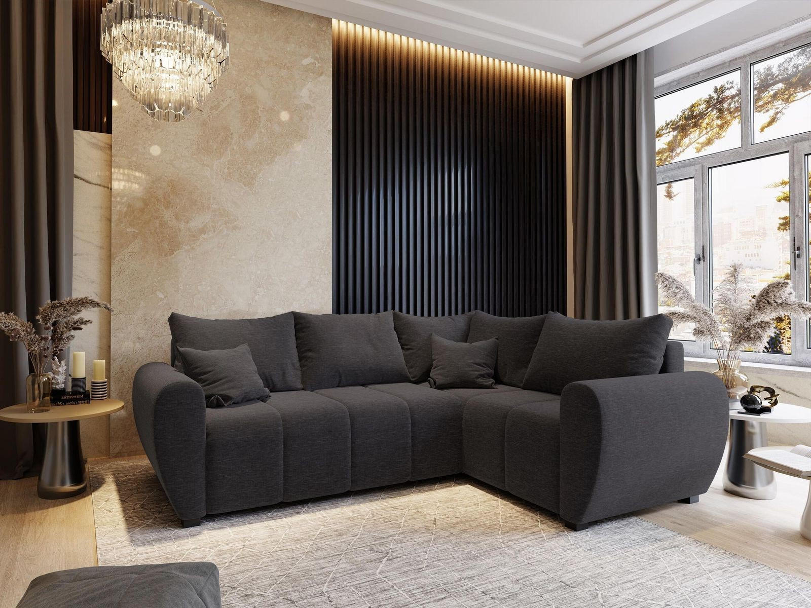 ECKSOFA MADISON L R-S Grau Dünner Stoff mit Schlaffunktion - Grau, Holz (235/175cm) - MASSENO