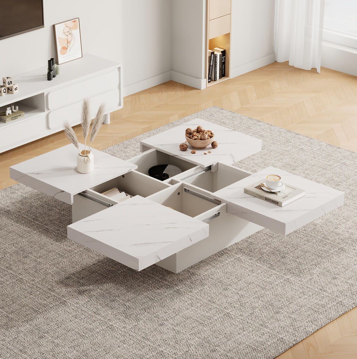 COUCHTISCH mit 4 Schubladen 90x90 cm Weiß Marmor-Optik - Weiß, Holzwerkstoff (90/90/25cm) - Meubliv