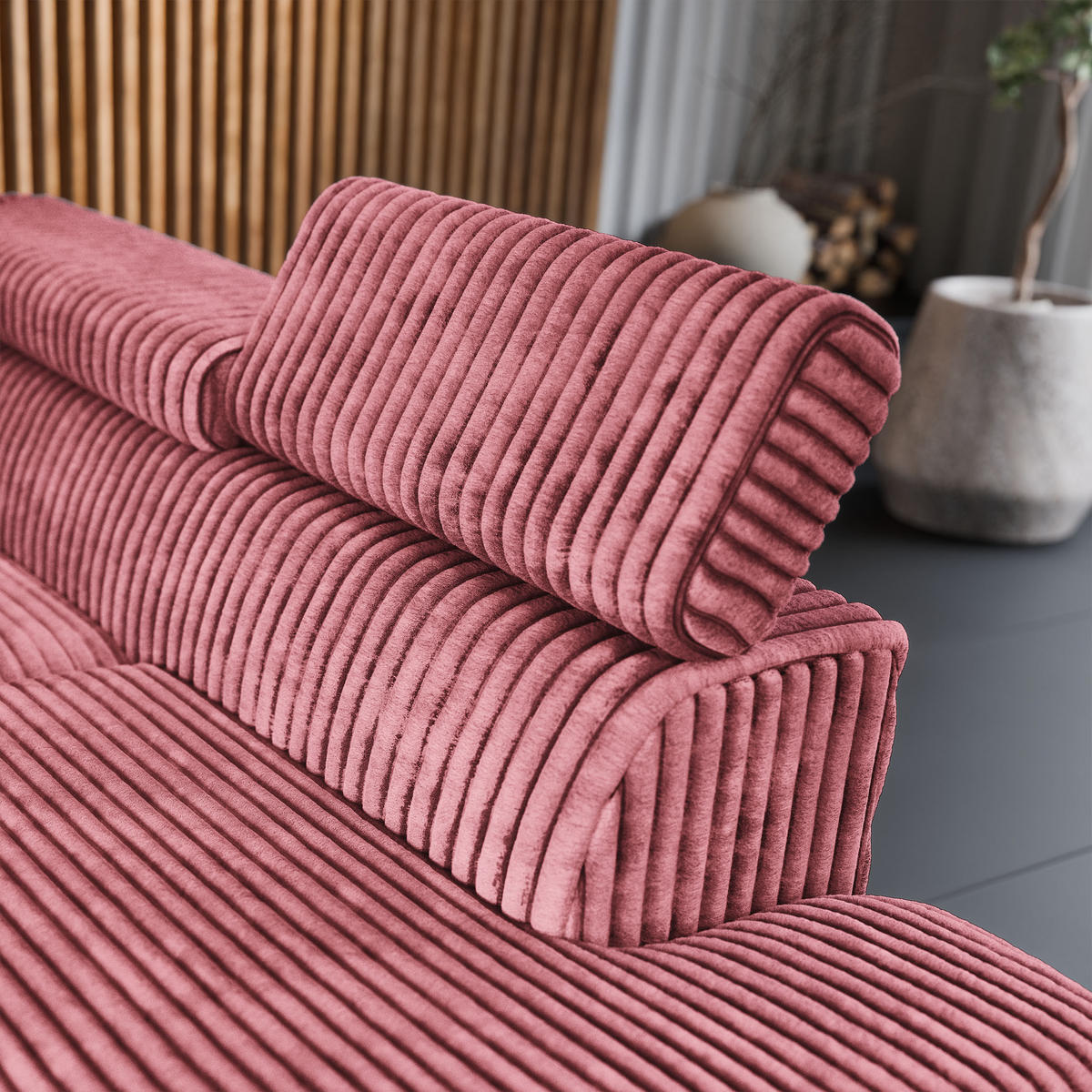 ECKSOFA VELISS Rosa Kordstoff mit Schlaffunktion - Rosa, Holz (255/193cm) - MASSENO