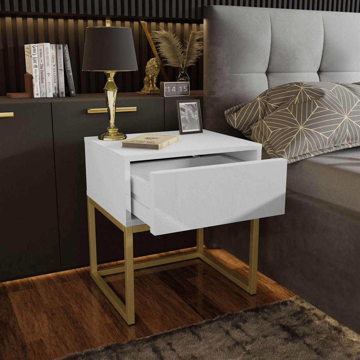 NACHTTISCH BLANCO GOLD auf goldenem Gestell Weiß Hochglanz PUSH OPEN - Weiß Hochglanz, Holzwerkstoff (45/53/36.6cm) - Lookway