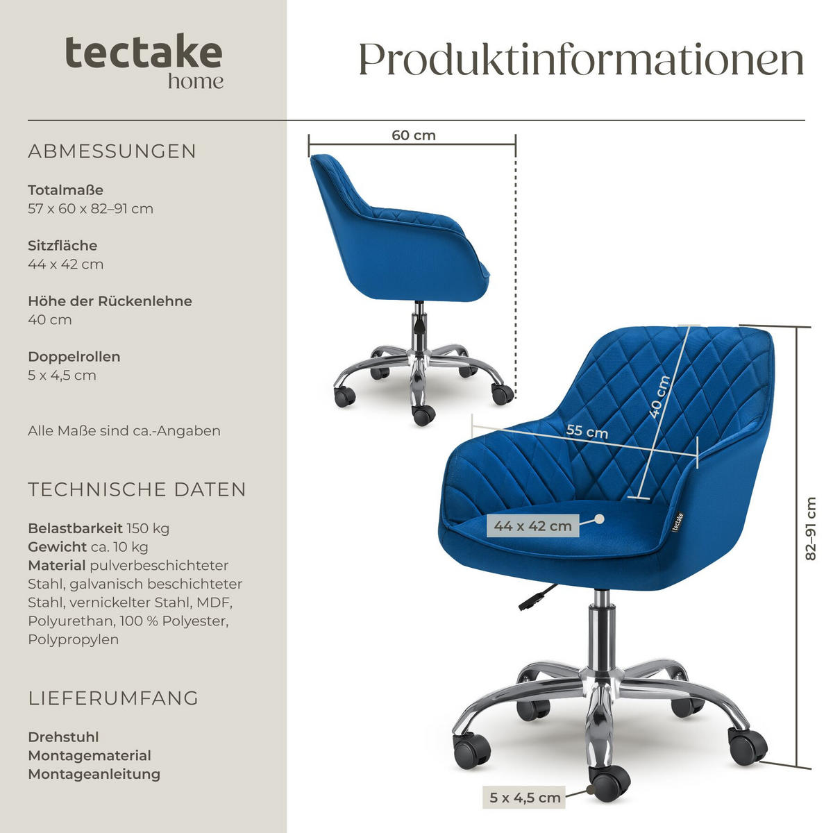 DREHSTUHL Nancy, 57 x 60 x 82 – 91 cm, Belastbarkeit 150 kg, blau - Blau, Kunststoff (57/91/60cm) - tectake