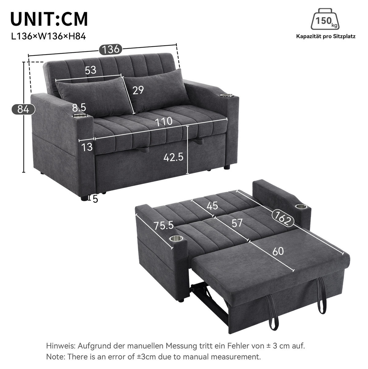 SCHLAFSOFA aus Baumwoll-Leinenstoff 136x162x84 cm Grau mit verstellbarer Rückenlehne, Getränkehaltern und Seitentaschen - Grau, Textil (162/84/136cm) - Modfu