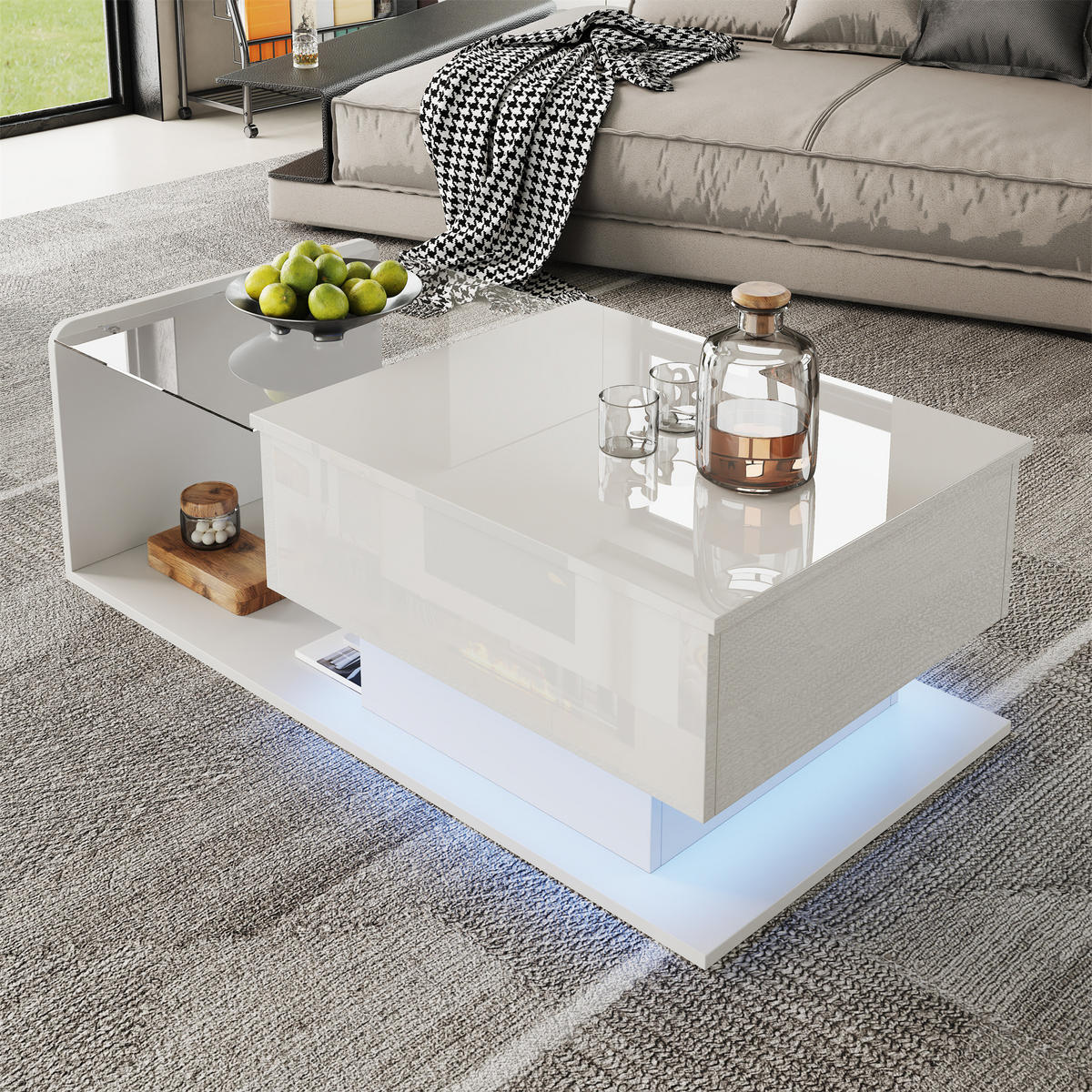 COUCHTISCH Hochglanz Glas LED weiß - Weiß, Holzwerkstoff (50/100/47.5cm) - LEBENLANG