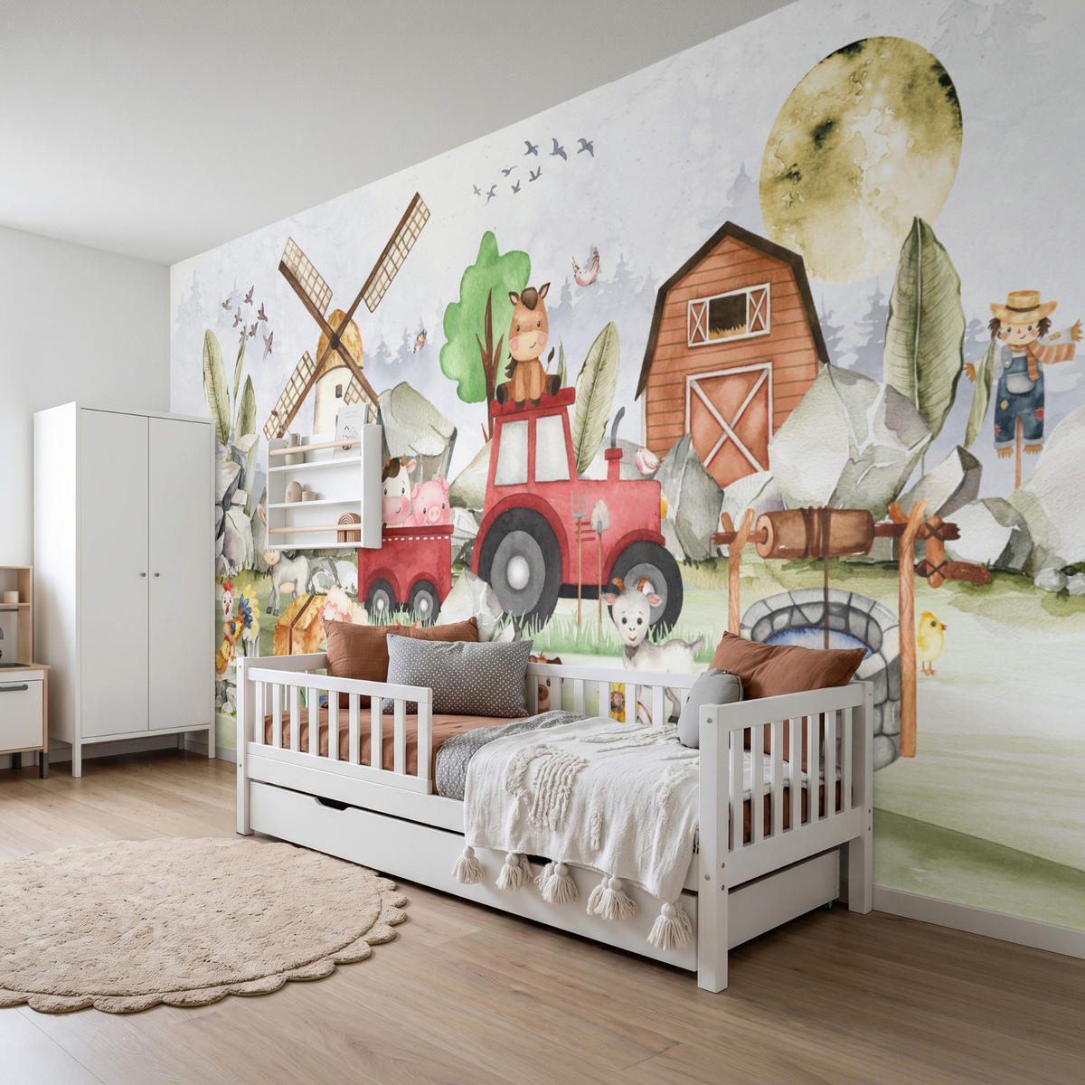 KINDERTAPETE - Bauernhof - Traktor - Kinder - Tiere - 400x200 cm - Weiß, Papier (400/200cm) - OnlyWow