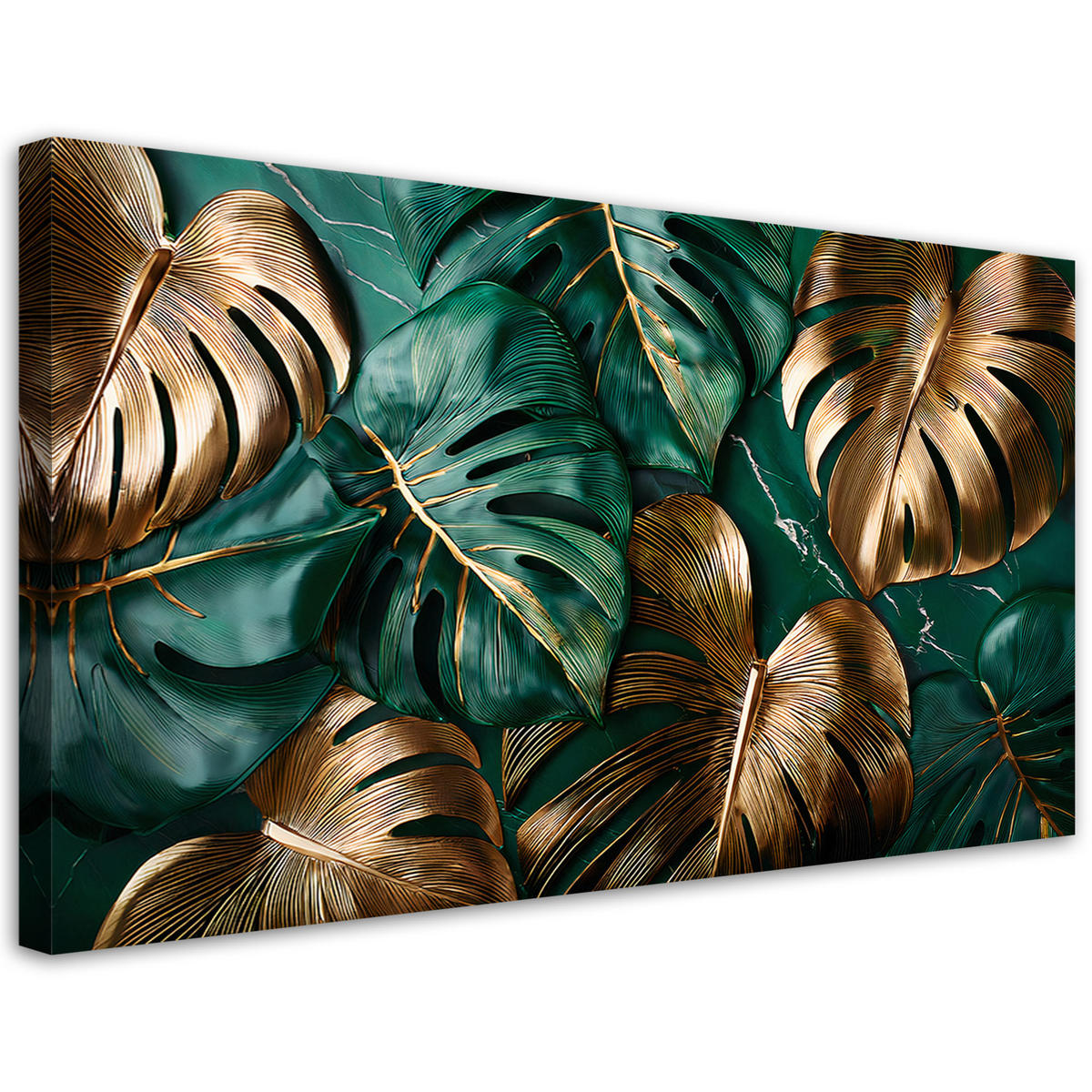 LEINWANDBILD Goldgrüne Monstera-Blätter - Grün, Textil (80/40cm) - Feeby