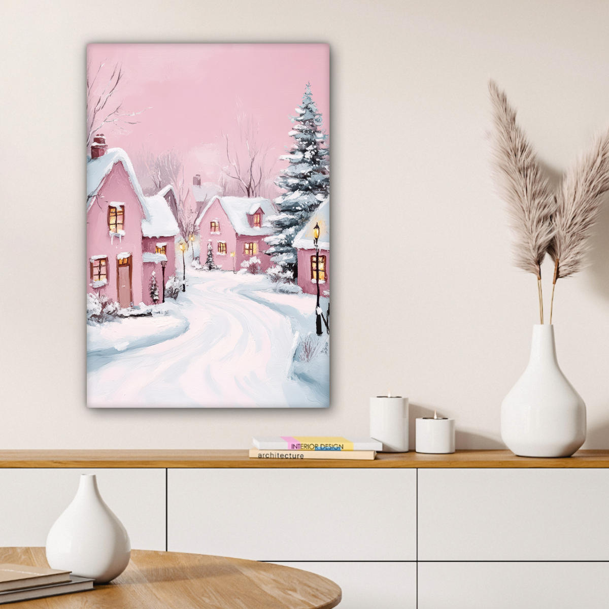 LEINWANDBILD Weihnachtsdorf - Rosa - Winter - Schnee - Häuser 40x60 cm - Altrosa, Textil (40/60cm) - MuchoWow