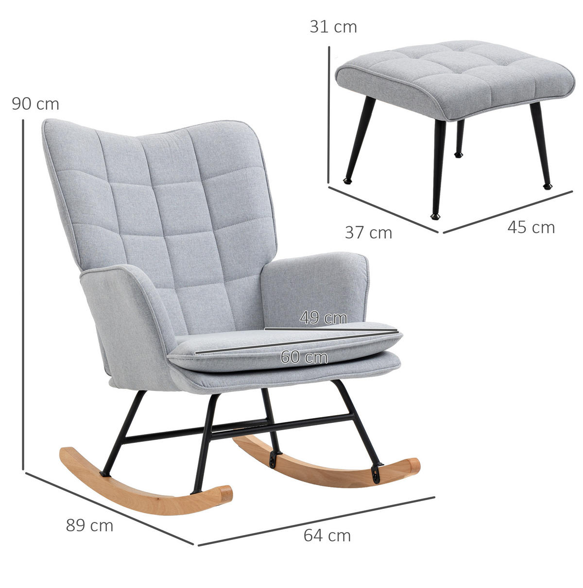 SCHAUKELSTUHL Set mit Hocker Polyesterbezug, Metallgestell 64/89/90 cm Hellgrau - Hellgrau, Textil (89/90/64cm) - Redom