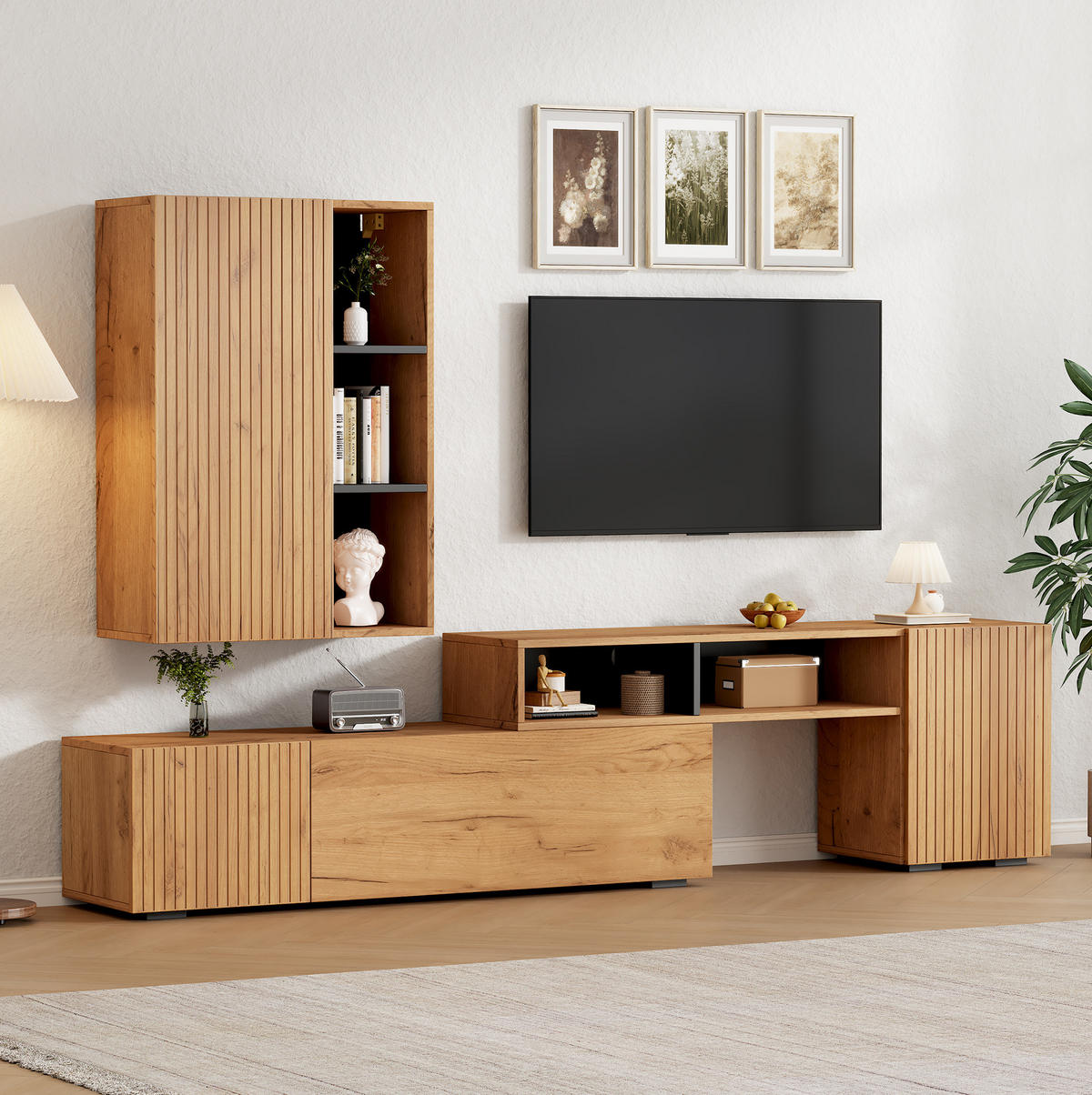 OBÝVACÍ stěna z dřevotřísky 135x35x53.5 cm dubová a černá s nastavitelnou TV skříňkou a nástěnnou skříňkou - barva dubu, kompozitní dřevo (135/53.5/35cm) - Modfu