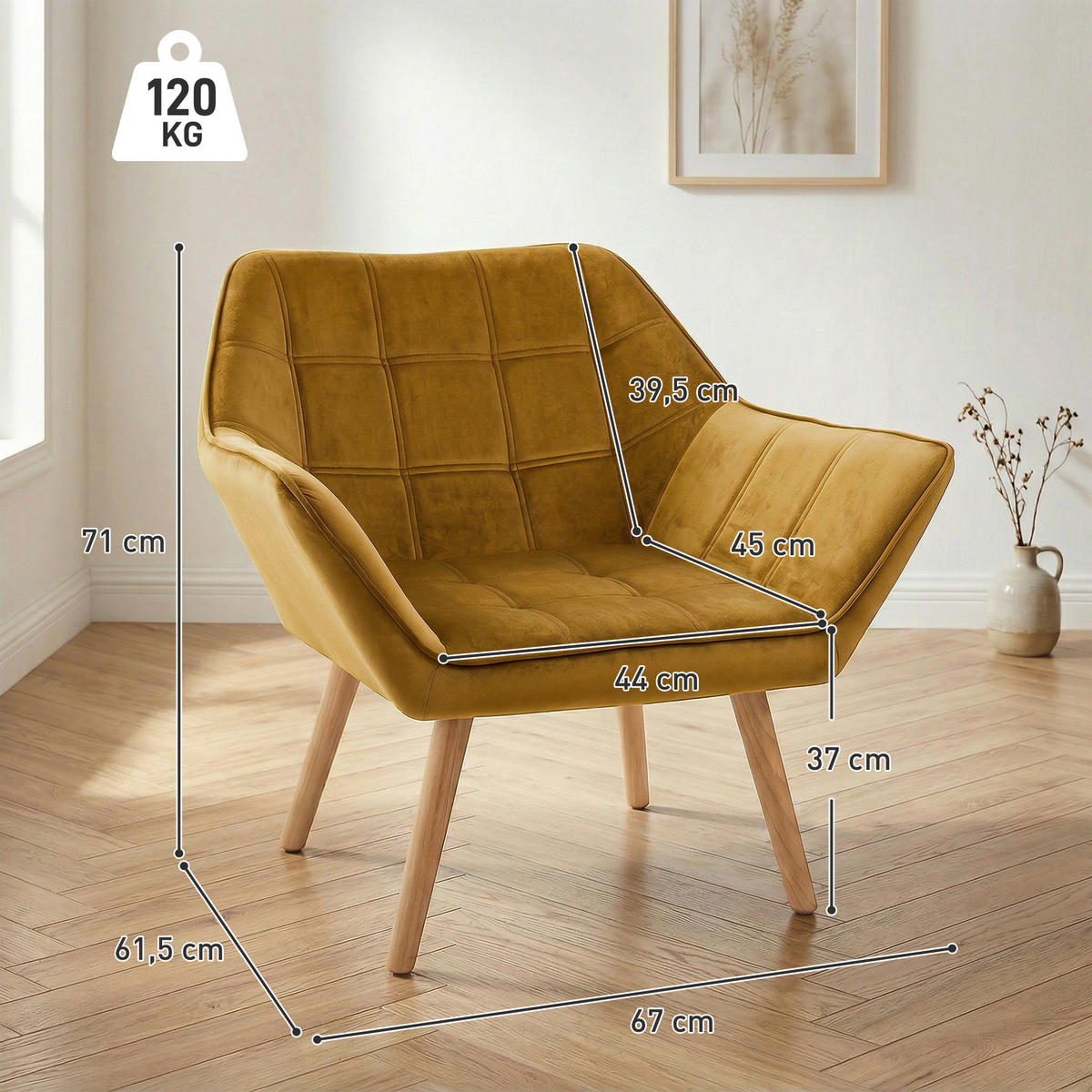 ARMLEHNENSTUHL DE-06807 Skandi Design mit Samtoptik und Kautschukholzbeinen Gelb - Gelb, Holz/Textil (61.5/71/67cm) - ComfortXL