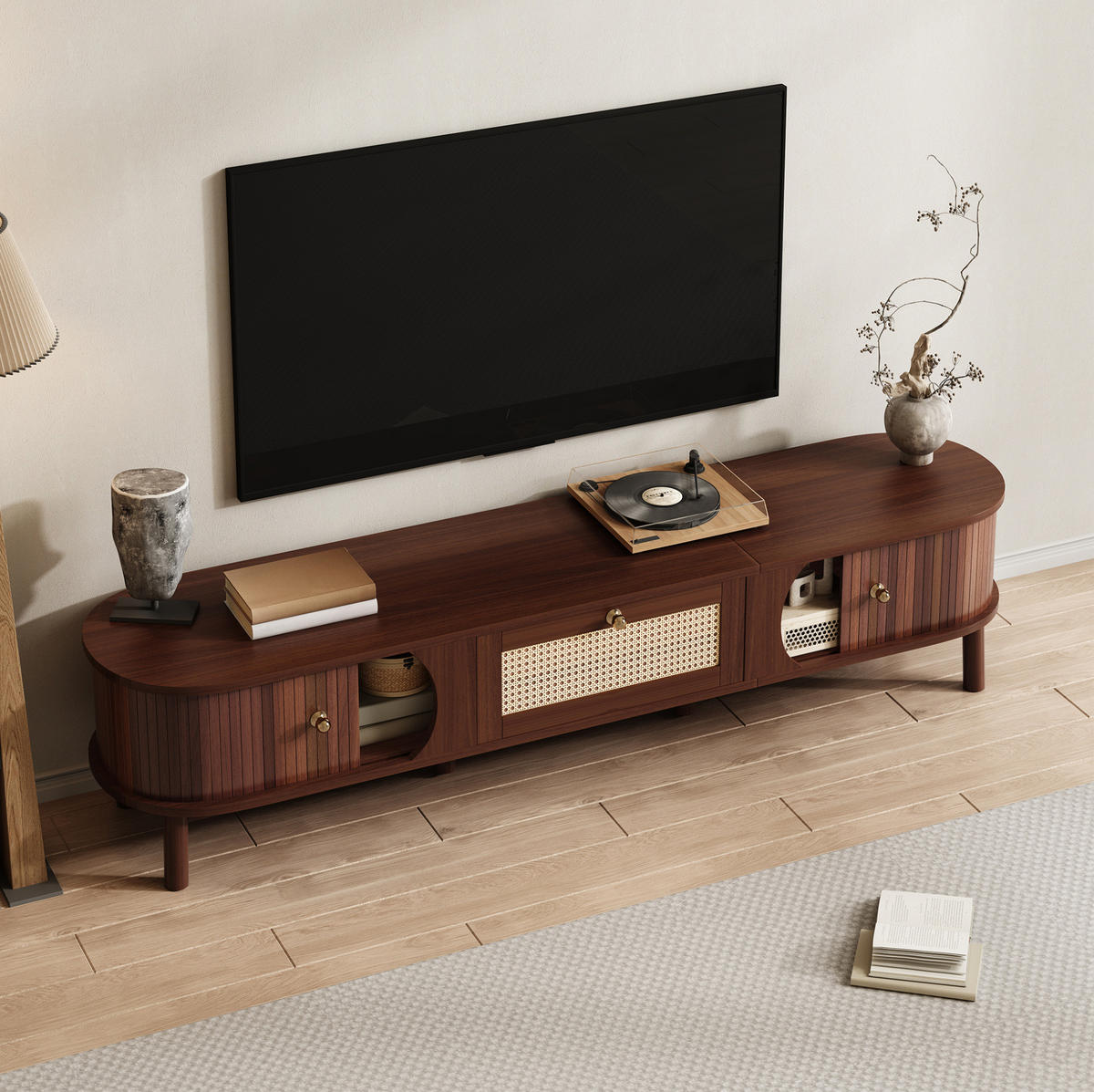 TV-SCHRANK mit Rattan-Schubladen und Türen in Holzoptik 170/38/39.5 cm - Eichefarben, Holzwerkstoff (170/38/39.5cm) - Redom