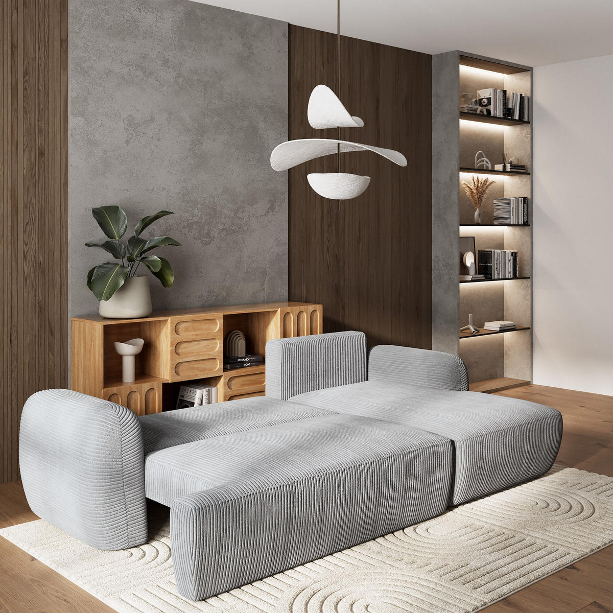 ECKSOFA MODENZA P R-S Hellgrau Kordstoff mit Schlaffunktion - Hellgrau, Holz (266/148cm) - MASSENO