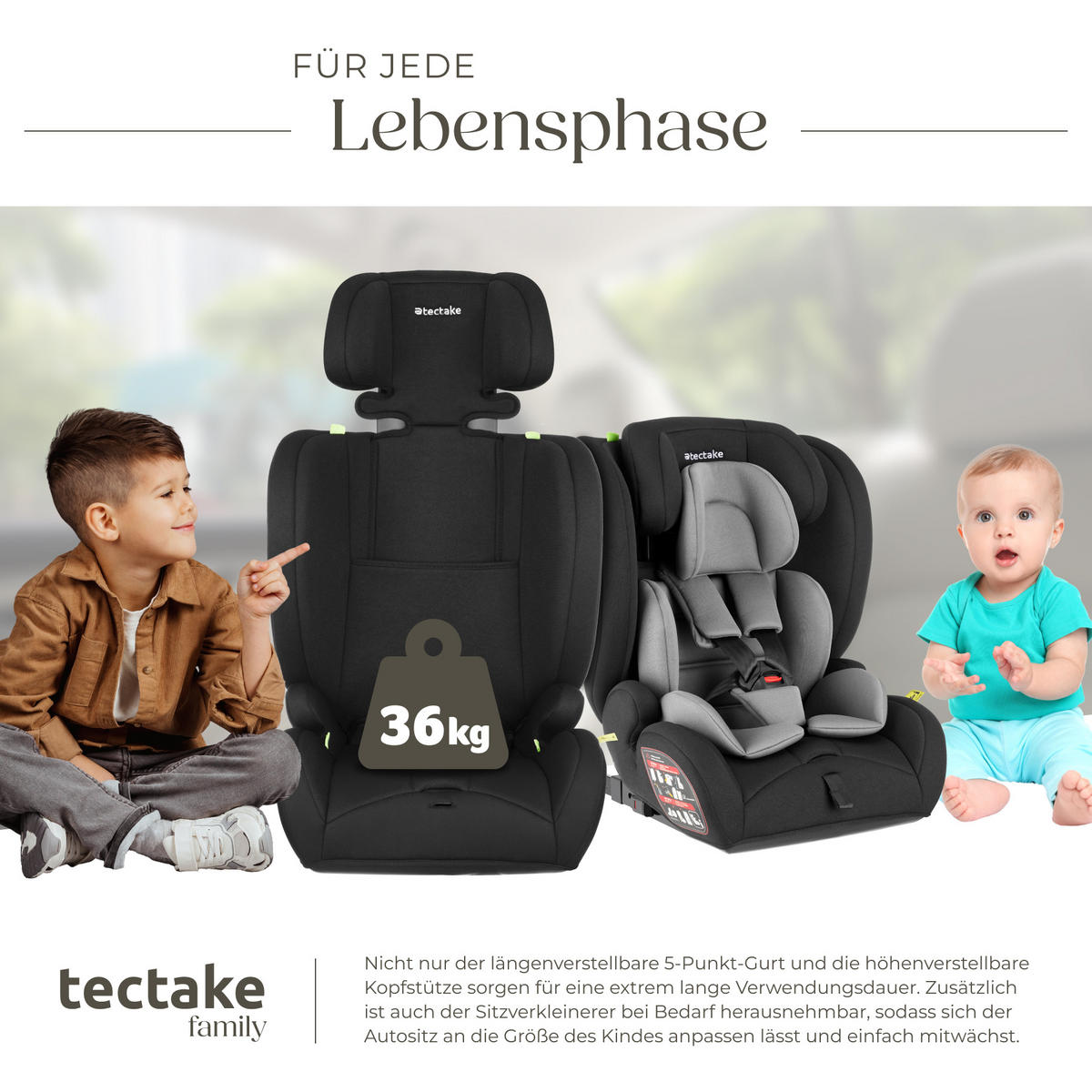 AUTOSITZ Emely,ab 15 Monaten von 76 bis 150 cm, Belastbarkeit 36 kg,dunkelgrau/schwarz - Dunkelgrau/Schwarz, Kunststoff (48/74/48cm) - tectake