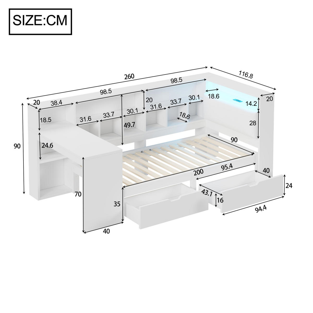 MULTIFUNKTIONSBETT 90/200 cm Weiß L-förmiges Bett mit Schreibtisch Bücherregal und LED-Beleuchtung - Weiß, Holzwerkstoff (90/200cm) - OKWISH