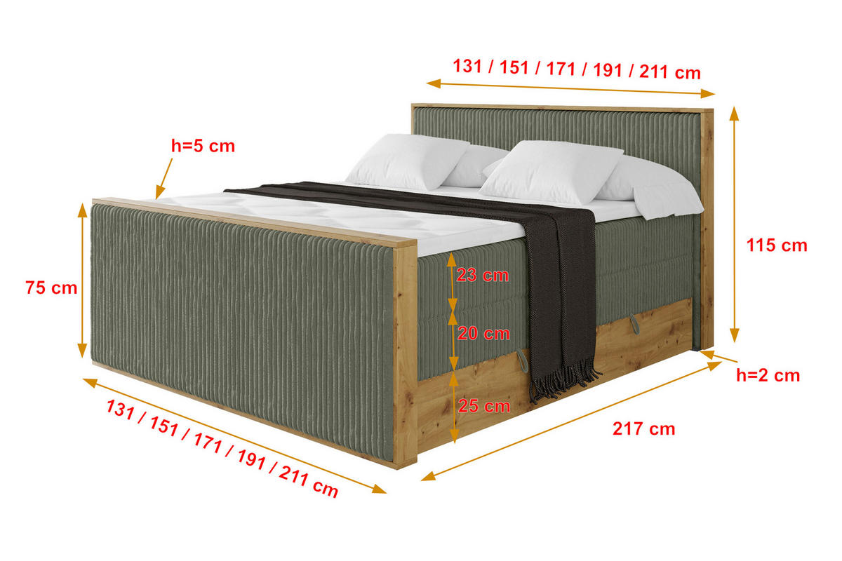 BOXSPRINGBETT LOLLI9 -Z-KING 200x200 - H3/H4 Olivgrün - Olivgrün, Holzwerkstoff (200/200cm) - ALTDECOR