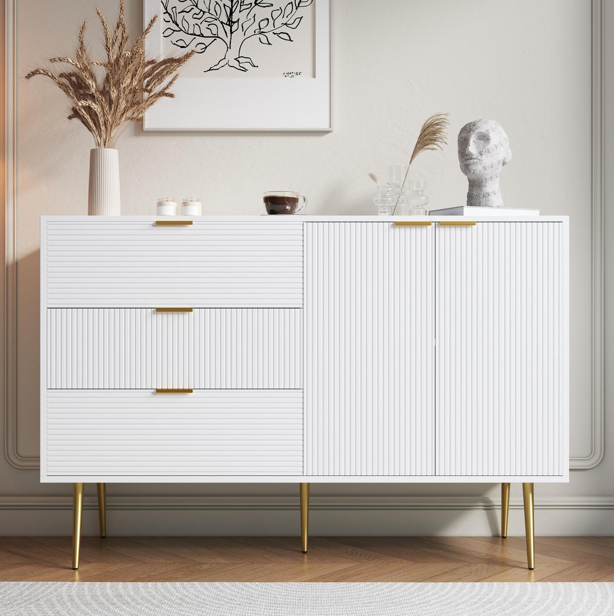 SIDEBOARD in Weiß-Gold mit 3 Schubladen und 2 Türen, MDF-Korpus, Wellenmuster, elegante goldene Griffe und Beine, 120/38/80,5 cm, Weiß-Gold - Weiß, Holzwerkstoff (120/80.5/38cm) - Redom