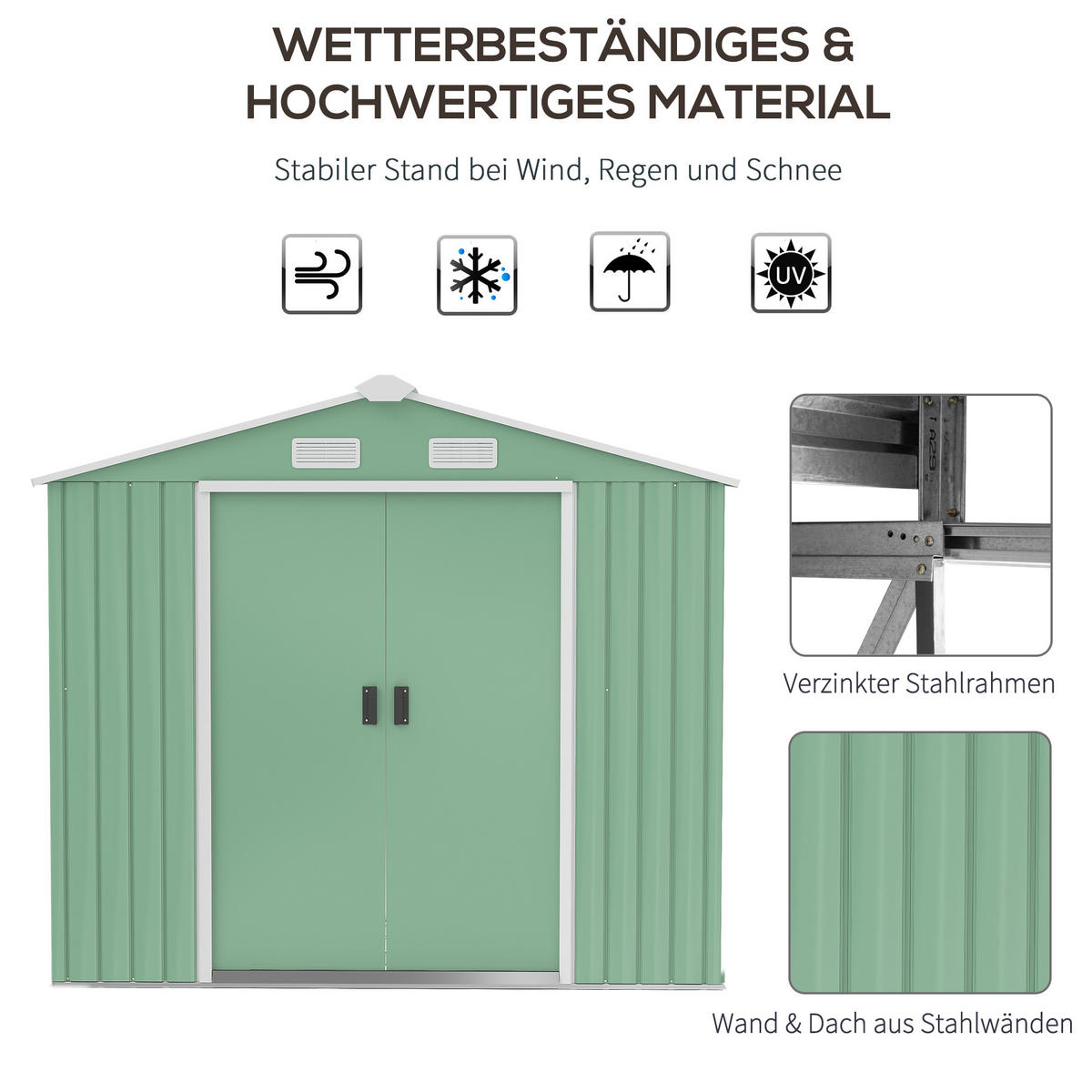 GERÄTEHAUS, Geräteschuppen, Garten Schuppen mit Bodenrahmen, Stahl, Hellgrün - Grün, Metall (130/185/213cm) - Outsunny