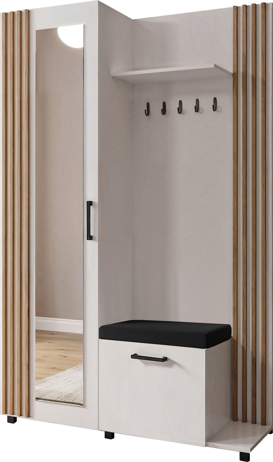 GARDEROBE Linaro mit Spiegel, Sitzbank in Lamellen-Optik 137/207/42 cm, Rechts - Schwarz/Weiß, Holzwerkstoff (137/207/42cm) - WFL GROUP