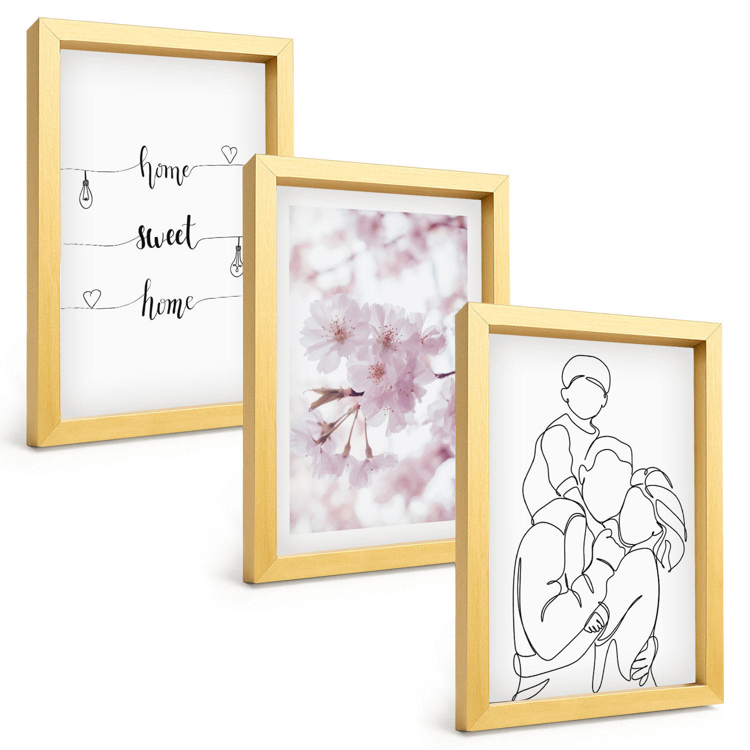 BILDER SET 3er Set - 20x30 cm Goldrahmen - Blumenfamilie minimalistisch - Goldfarben, Kunststoff (20/30cm) - TULUP