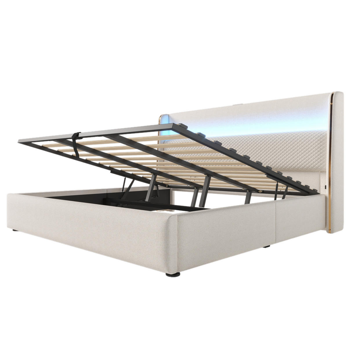 ČALOUNĚNÁ postel 180/200 cm béžová z lnu s LED osvětlením, USB a Type-C, úložným prostorem - béžová, textil (180/200cm) - OKWISH