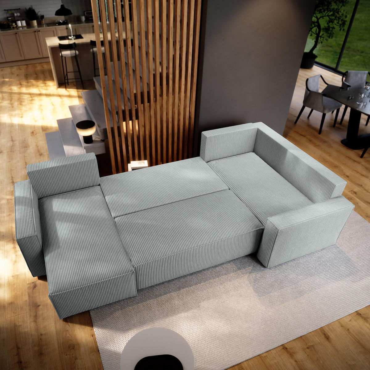 WOHNLANDSCHAFT NORENA R-S Hellgrau Kordstoff mit Schlaffunktion - Hellgrau, Holz (295/85/157.5cm) - MASSENO