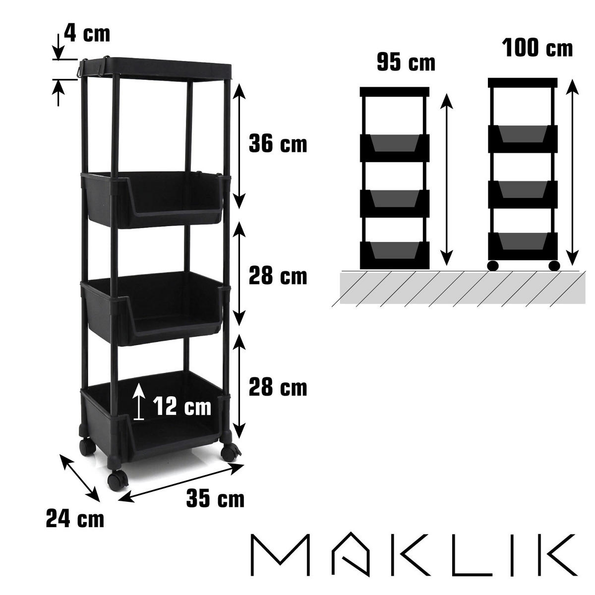 ALLZWECKREGAL mit 3 Körben und Rollen, 35/24/100 cm, Schwarz - Schwarz, Kunststoff (24/100/35cm) - MAKLIK