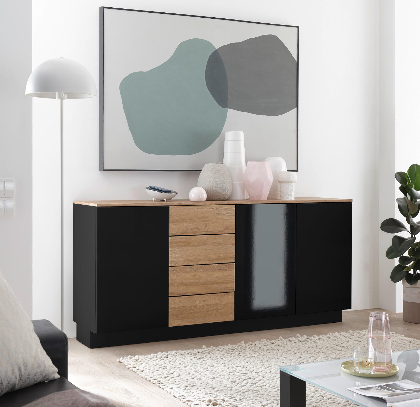 SIDEBOARD schwarz Hochglanz, Grandson Eiche, Kommode 181 x 85 cm - Schwarz Hochglanz/Eichefarben, Holzwerkstoff (181/85/43cm) - Furn.Design