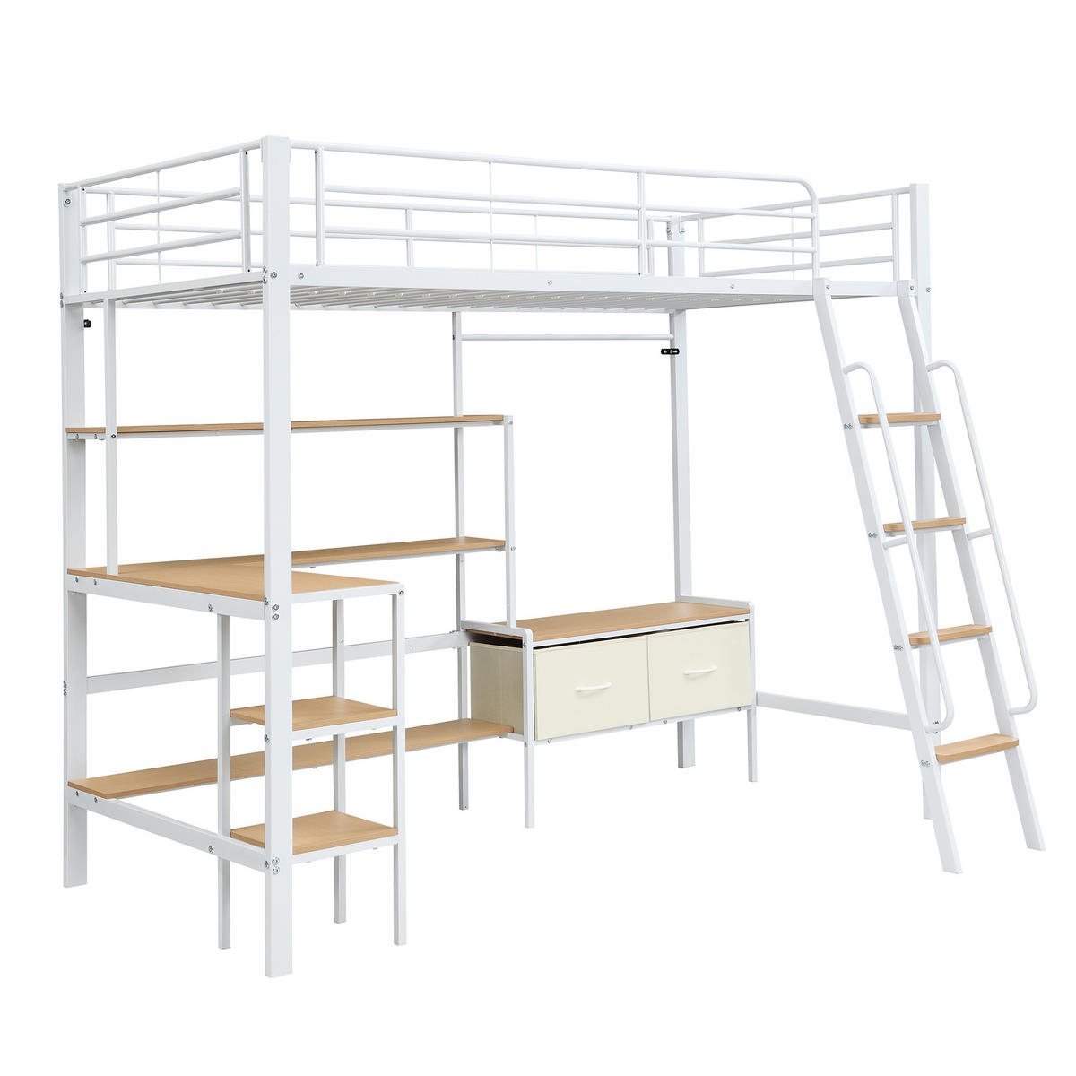 HOCHBETT 90x200 cm aus Metall & Holz mit Schreibtisch und Aufbewahrung, weiß-natur - Weiß, Metall (90/200cm) - Luhomfu