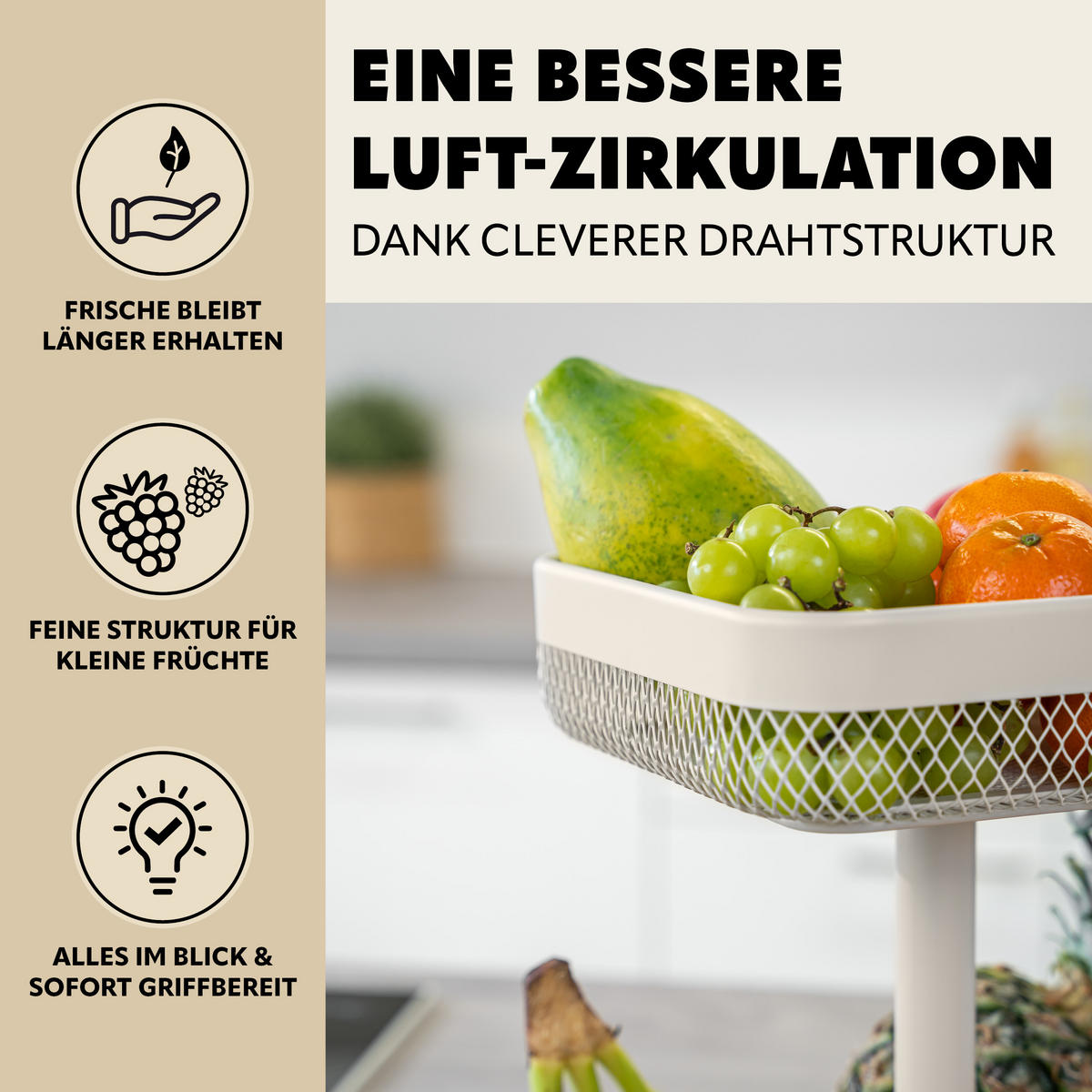 OBSTETAGERE, eckig, 2-stöckig, Ø 20 cm und 25 cm, beige, Metall - Beige, Metall (30cm) - eluno