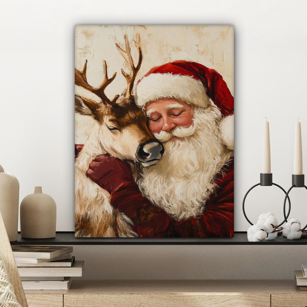 LEINWANDBILD Weihnachtsmann - Rentier - Weihnachten Room Decor 30x40 cm - Rotbraun, Textil (30/40cm) - MuchoWow