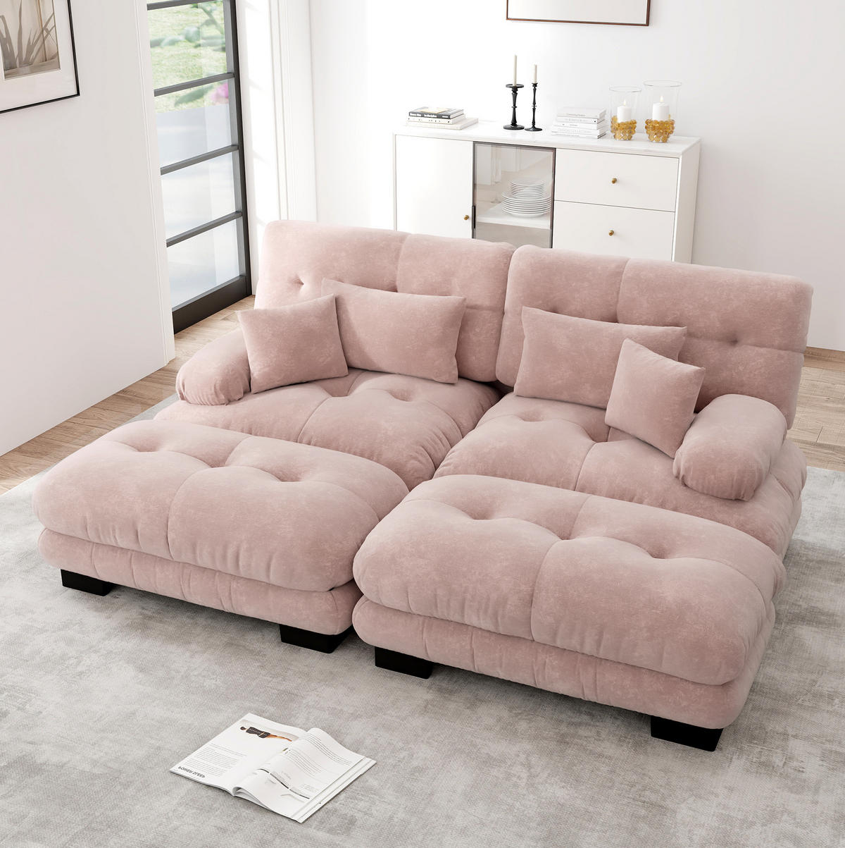 ECKSOFA 220/145/81 cm pink aus Chenille mit Ottomans und Kissen - Pink, Textil (145/220cm) - OKWISH