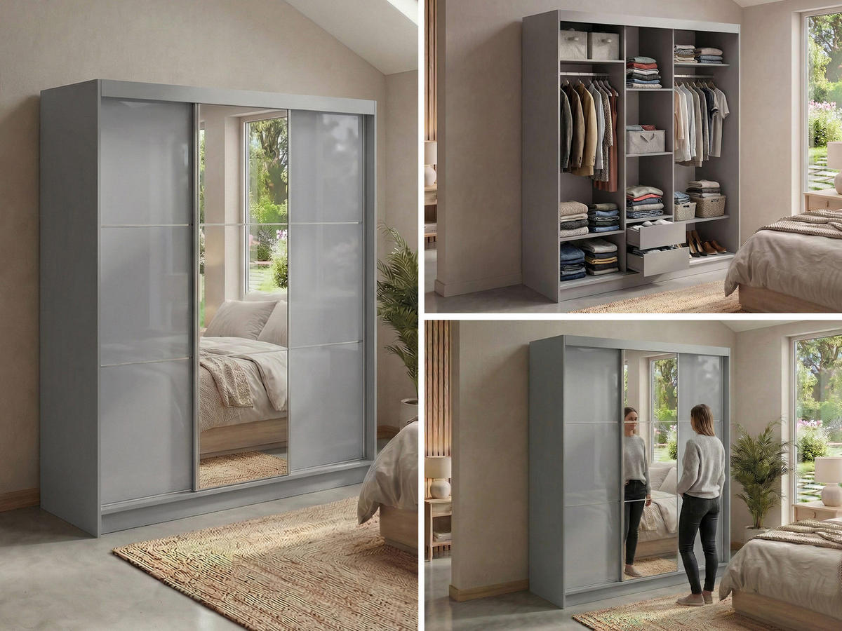 SCHWEBETÜRENSCHRANK mit Spiegel und Schubladen - WALENCJA - 180 - Grau lacobel - Alufarben/Grau, Holzwerkstoff/Metall (180/216/61cm) - MKS