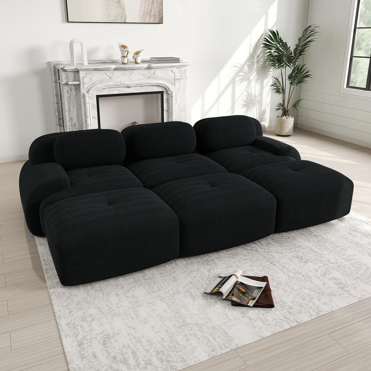 3-SITZER Sofa 298×178×75 cm Cordstoff rahmenlos modular mit 3 Hockern, schwarz - Schwarz, Textil (178/75/298cm)