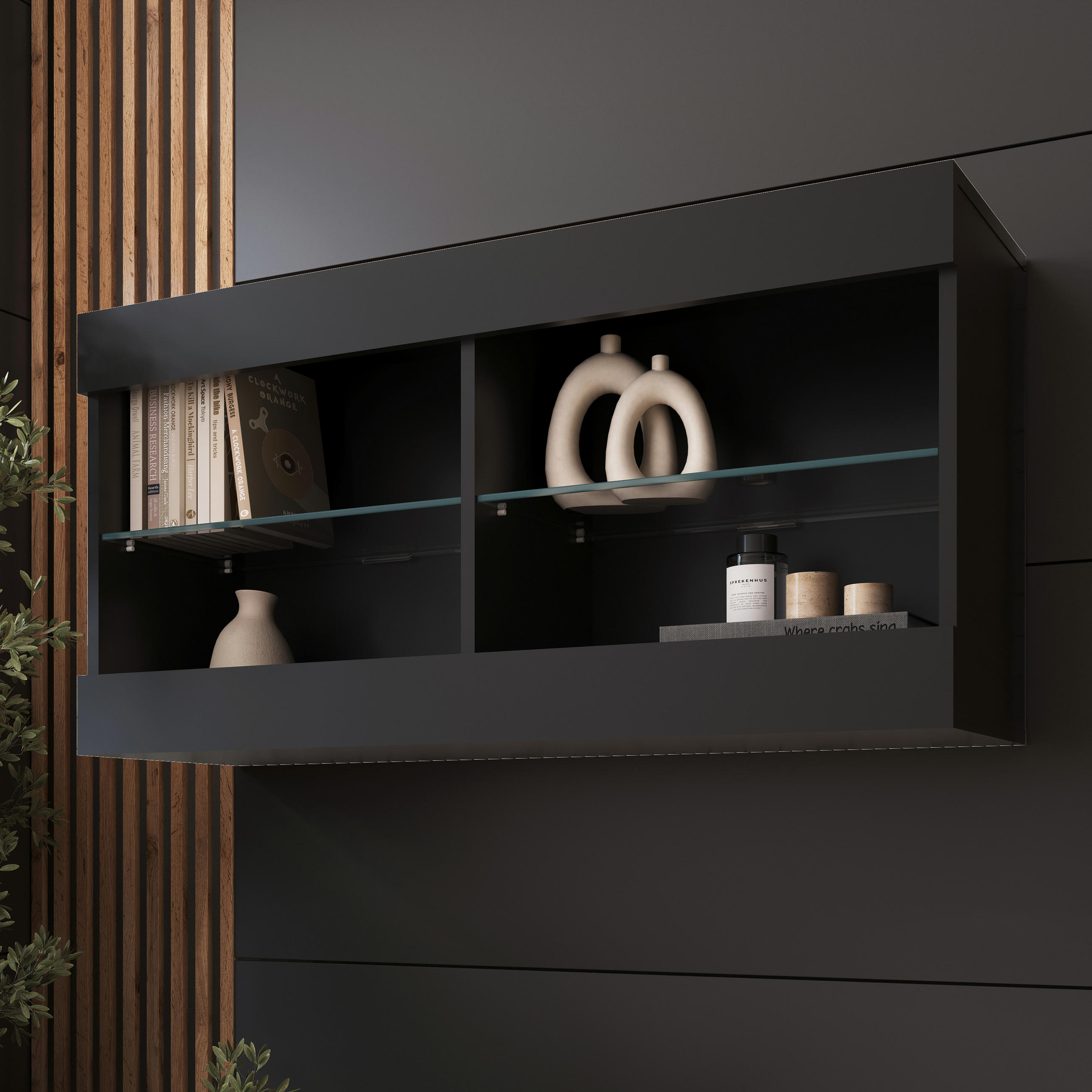 HÄNGEVITRINE TIVOLI HORIZONTAL 100, Schwarz - Schwarz, Glas/Holzwerkstoff (100/50/29.5cm) - Komodee