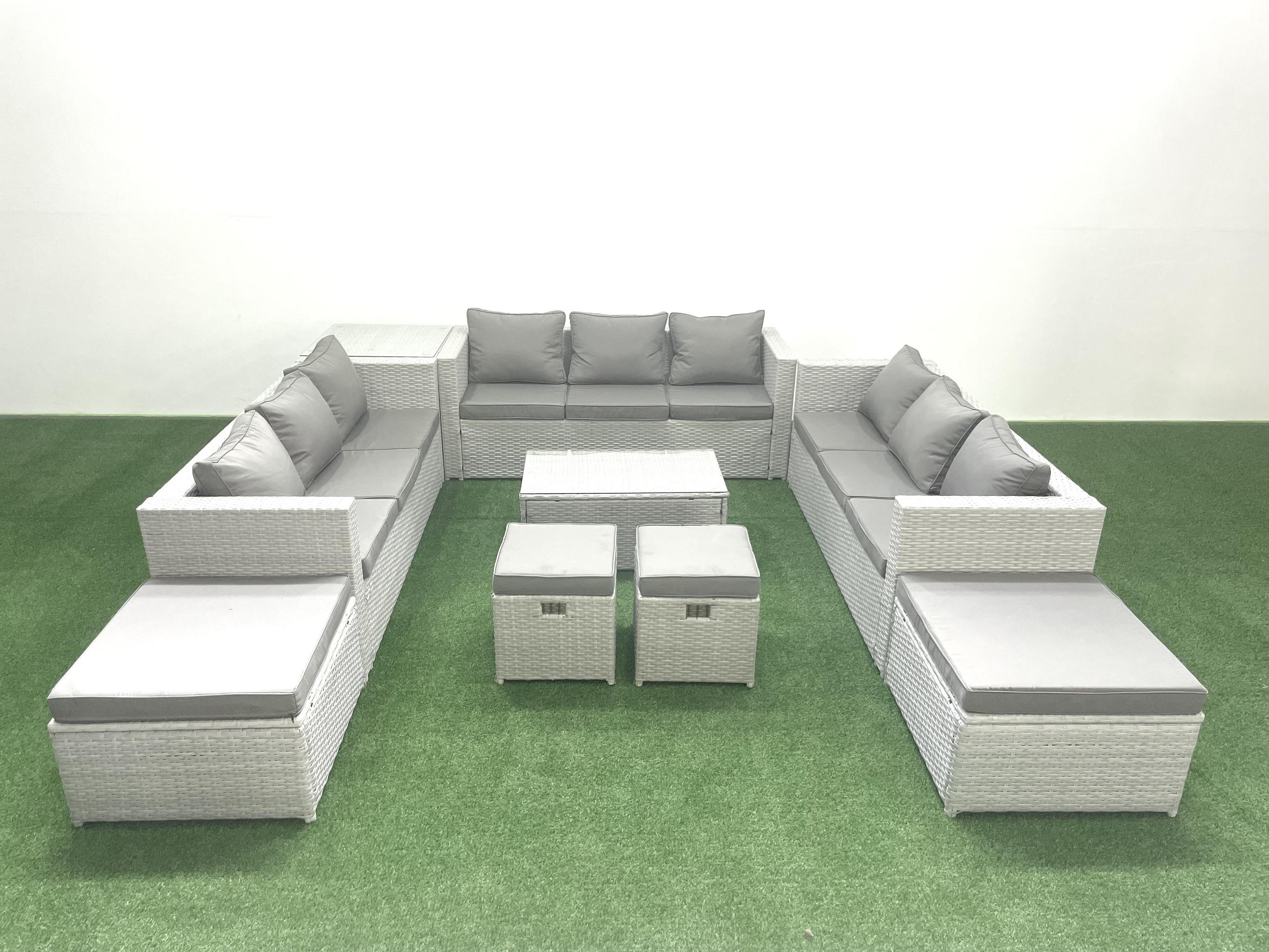 GARTENSET mit 3-SITZER SOFA,COUCHTISCH Polyrattan Hellgrau-Mix 13-Sitzer - Hellgrau/Grau, Glas/Kunststoff - Fimous