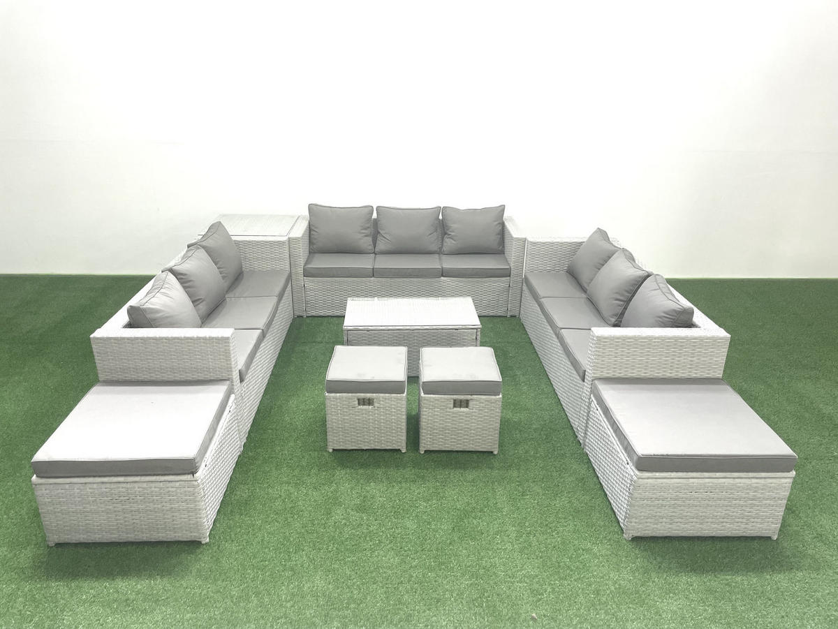 GARTENSET mit 3-SITZER SOFA,COUCHTISCH Polyrattan Hellgrau-Mix 13-Sitzer - Hellgrau/Grau, Glas/Kunststoff - Fimous