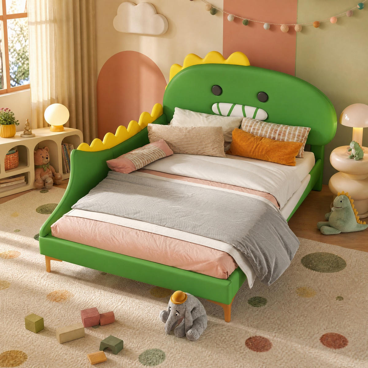 KINDERBETT 140/200 mit Dinosaurier-Design, PU-Material und MDF in Grün - Grün, Holzwerkstoff/Textil (140/200cm) - EVRYAE