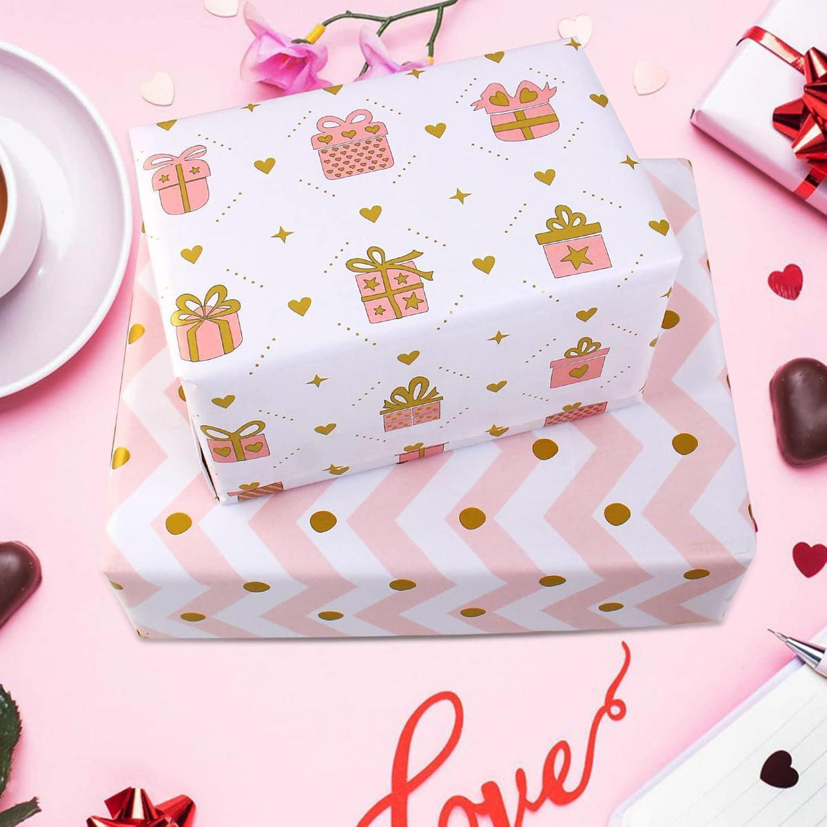 GESCHENKPAPIER Set 6-teilig mit Bändern und Aufklebern Rosa/Gold - Multicolor, Papier (22/0.5/25cm)
