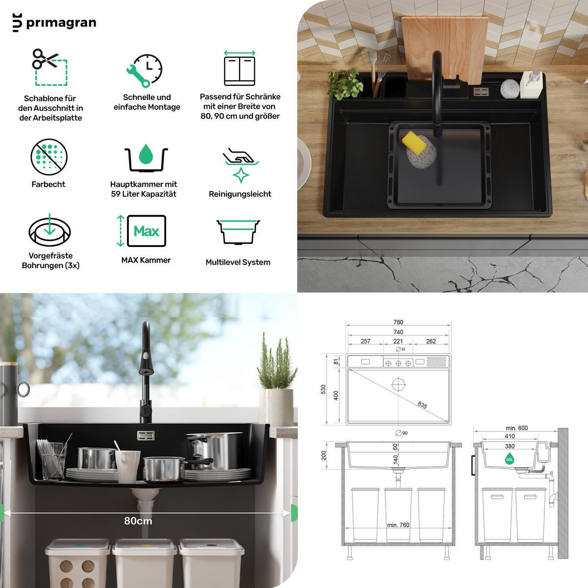 SPÜLBECKEN New York, 2-er set Schwarz Metallic 78/53 cm 1 Becken + Ablauf-Set + Küchenzubehörset ab 80er Unterschrank - Chromfarben/Schwarz Hochglanz, Kunststoff (78/20/53cm) - Primagran