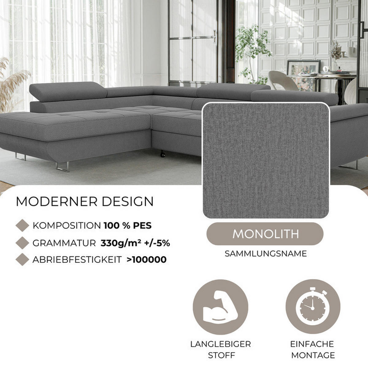 ECKSOFA ANTON mit Schlaffunktion und Bettkasten Dunkelgrau - Dunkelgrau, Holzwerkstoff/Kunststoff (274/203cm) - Idohome