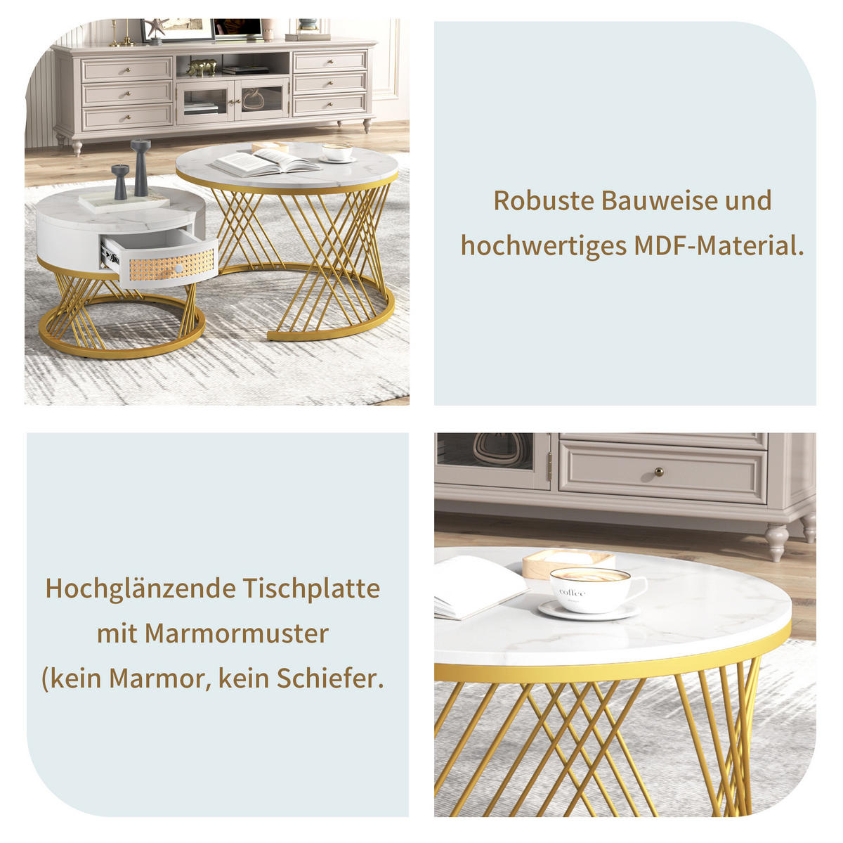 COUCHTISCH 70/50 cm Weiß aus MDF mit Marmormuster und Schublade - Weiß, Holzwerkstoff (70/70/45.5cm) - OKMYHOME