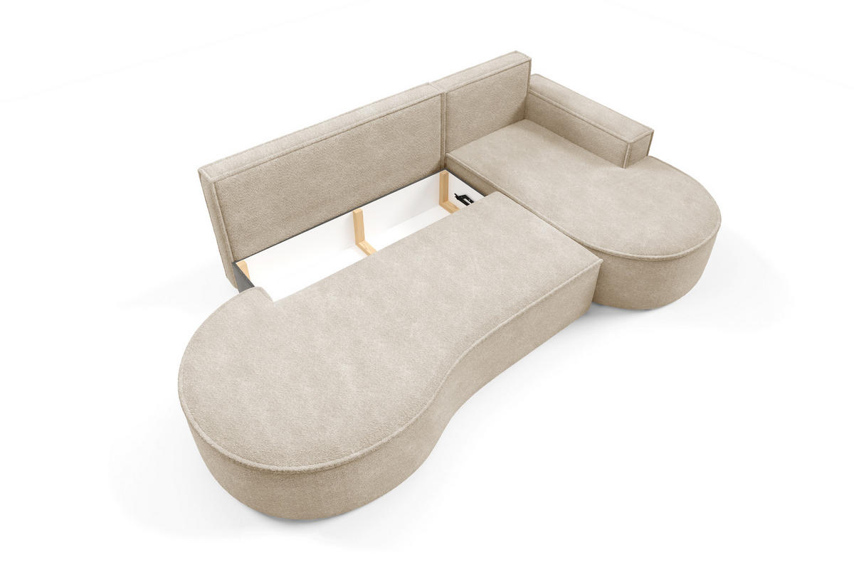 ECKSOFA MOLLY mit Schlaffunktion – Halbrund, freistehend, Liegefläche 140x207 cm, 3 Kissen, Curio-Stoff, 277x157x88 cm, Rechts, Beige - Sandfarben, Holz/Textil (277/157cm) - DomoHome