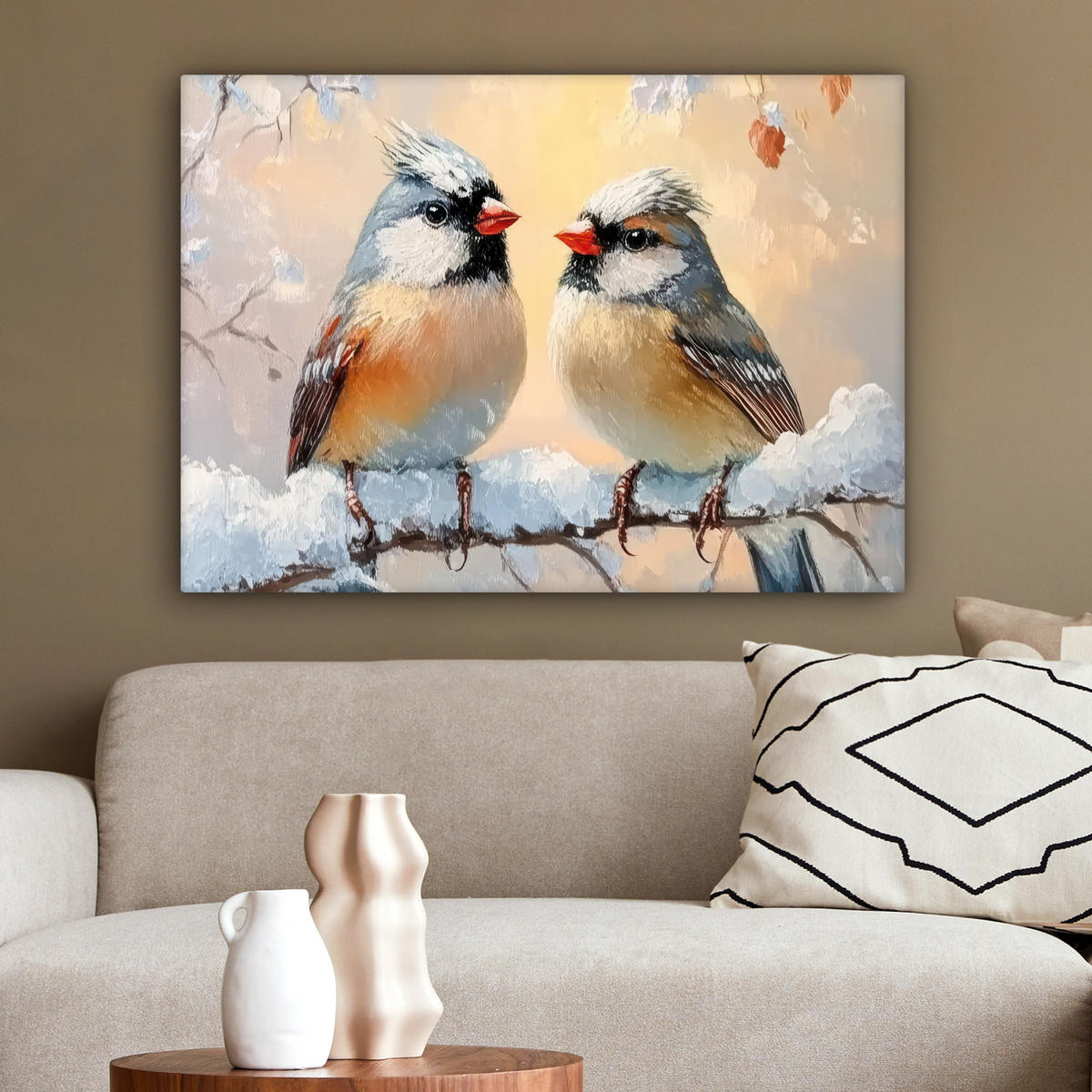 LEINWANDBILD Vögel - Zweig - Winter - Schnee Wandbilder 80x60 cm - Pastellblau, Textil (80/60cm) - MuchoWow